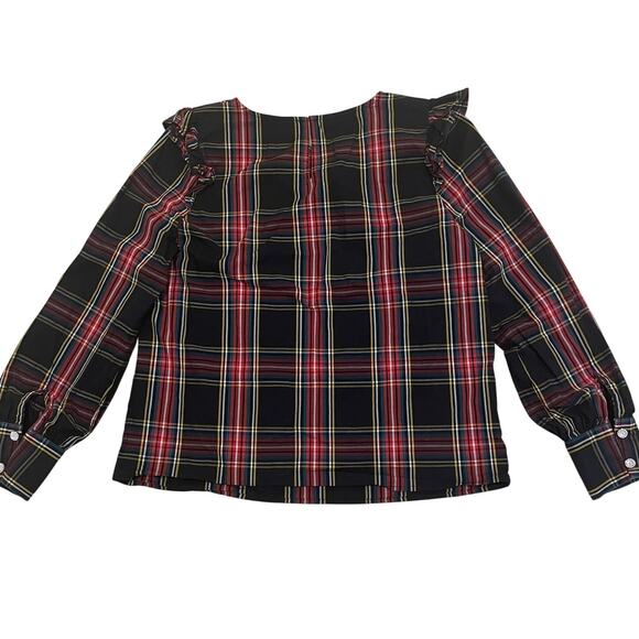 J.Crew Size PM Plaid Ruffle Shoulder Top | Holiday Tartan Blouse Long Sleeve - Picture 6 of 14